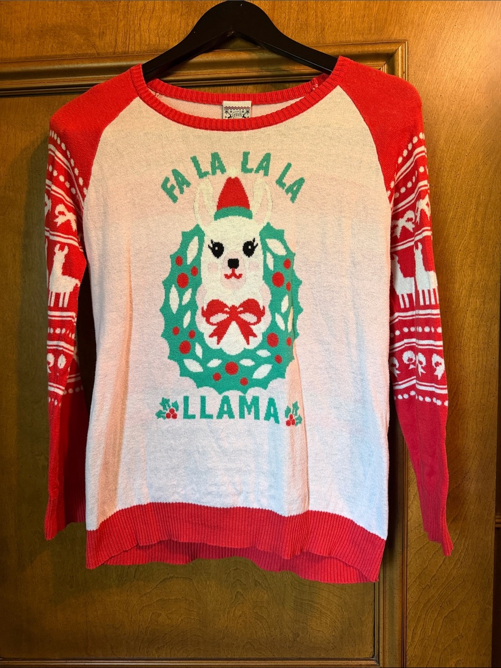 Well Worn Red and White 'Fa La La La Llama' Holiday Sweater Kid’s XL (14-16)